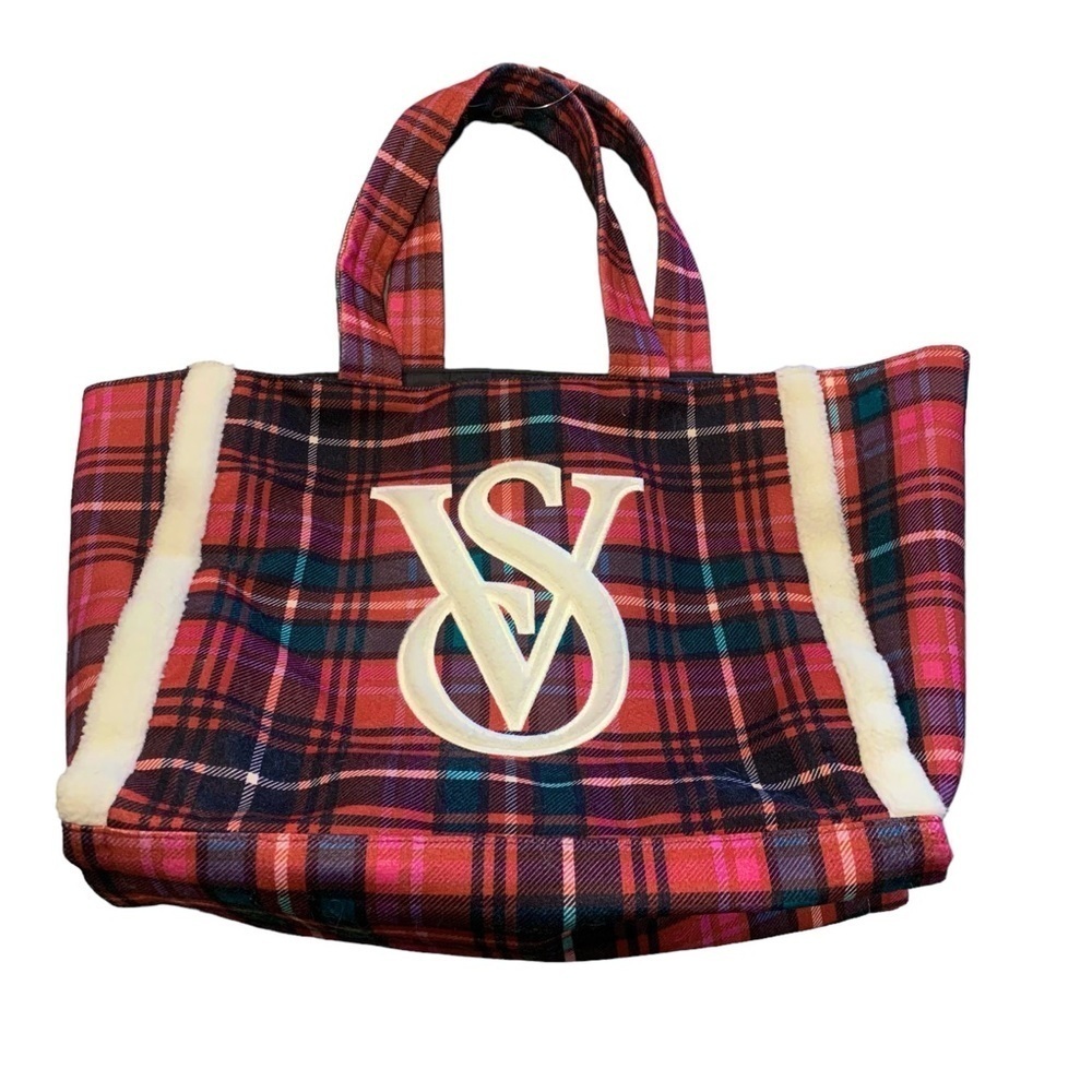 Victoria's Secret red tartan plaid Sherpa logo tote bag